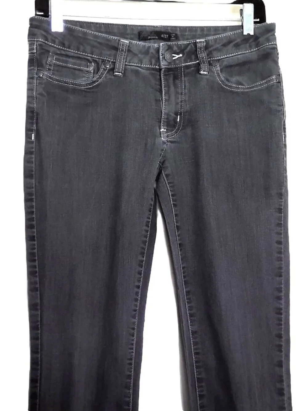 PrAna Gray Denim Jeans Low Rise Boho Slim Straight Stretch Medium Wash Sz 4 / 27